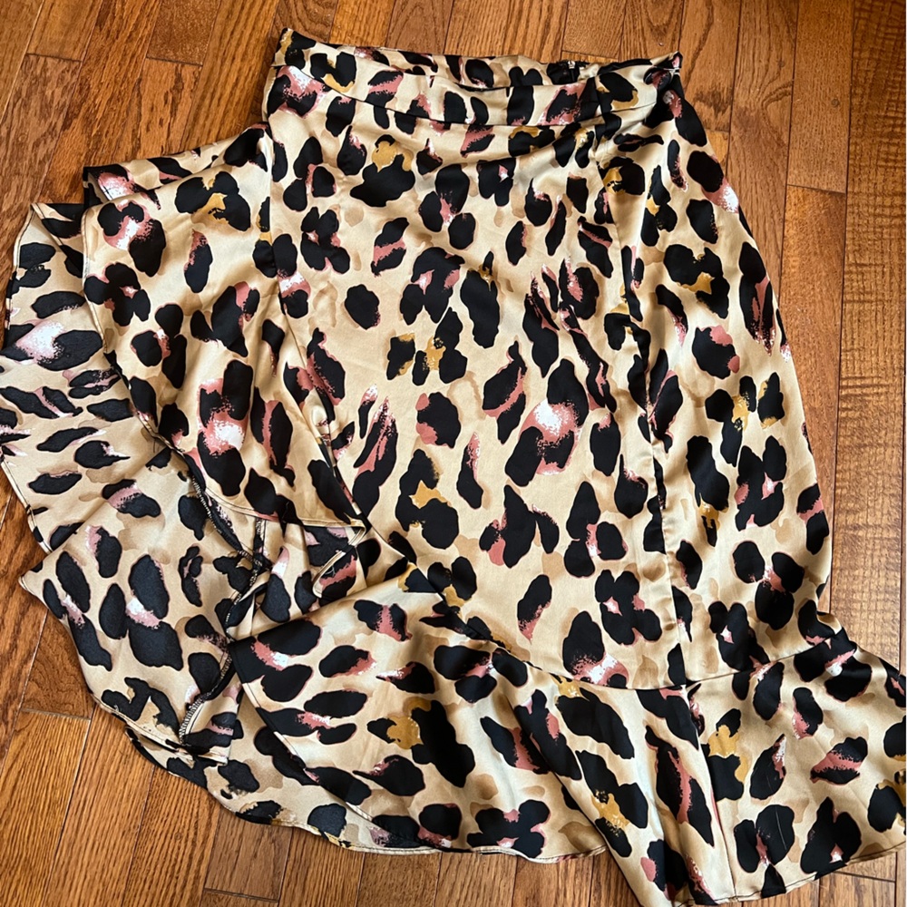 Satin High-Low Leopard Skirt in Tan, Black & Pink